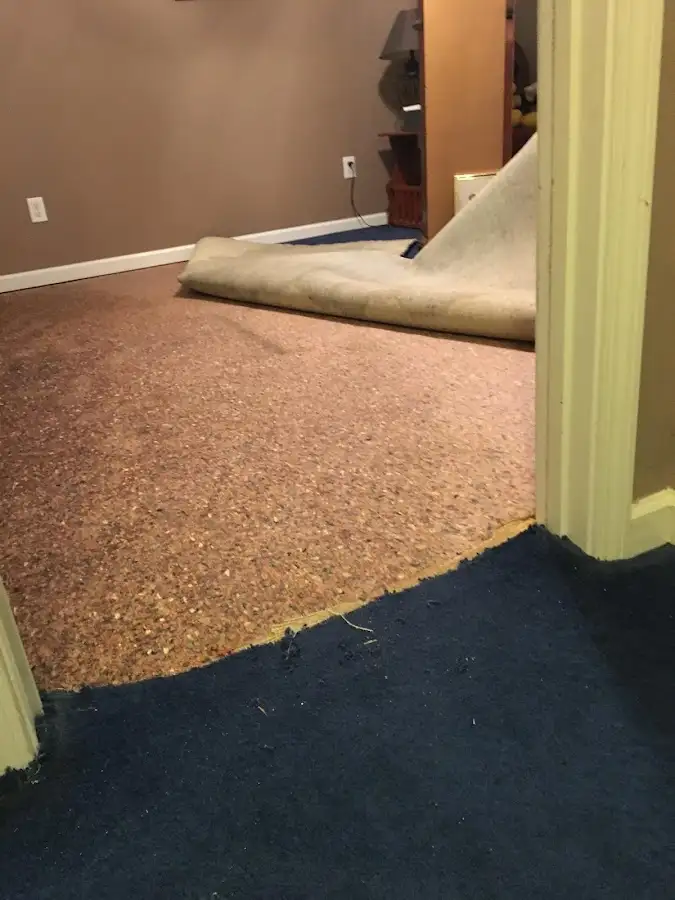 Carpet pad removal revealing water damage during Water Mitigation Services in Glenville